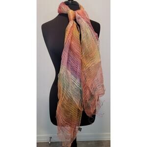 VTG Fleurs Natural Silk Fringe Scarf Wrap Shawl Sheer Lightweight Multicolor EUC